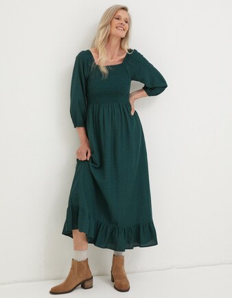 Adele Shirred Midi Dress in Green